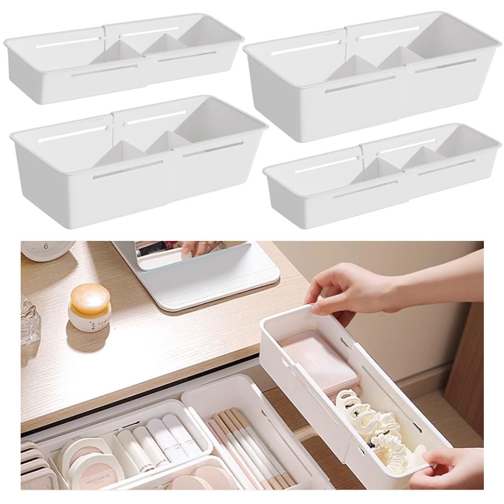 Ygapuzi Expandable Storage Drawer Organizers Sliding Bin Plastic Desk Drawer Trays with Removable Dividers Adjustable Makeup Storage Bins for Bedroom, Bathroom, Clothes, Kitchen Utensil (4PCS)