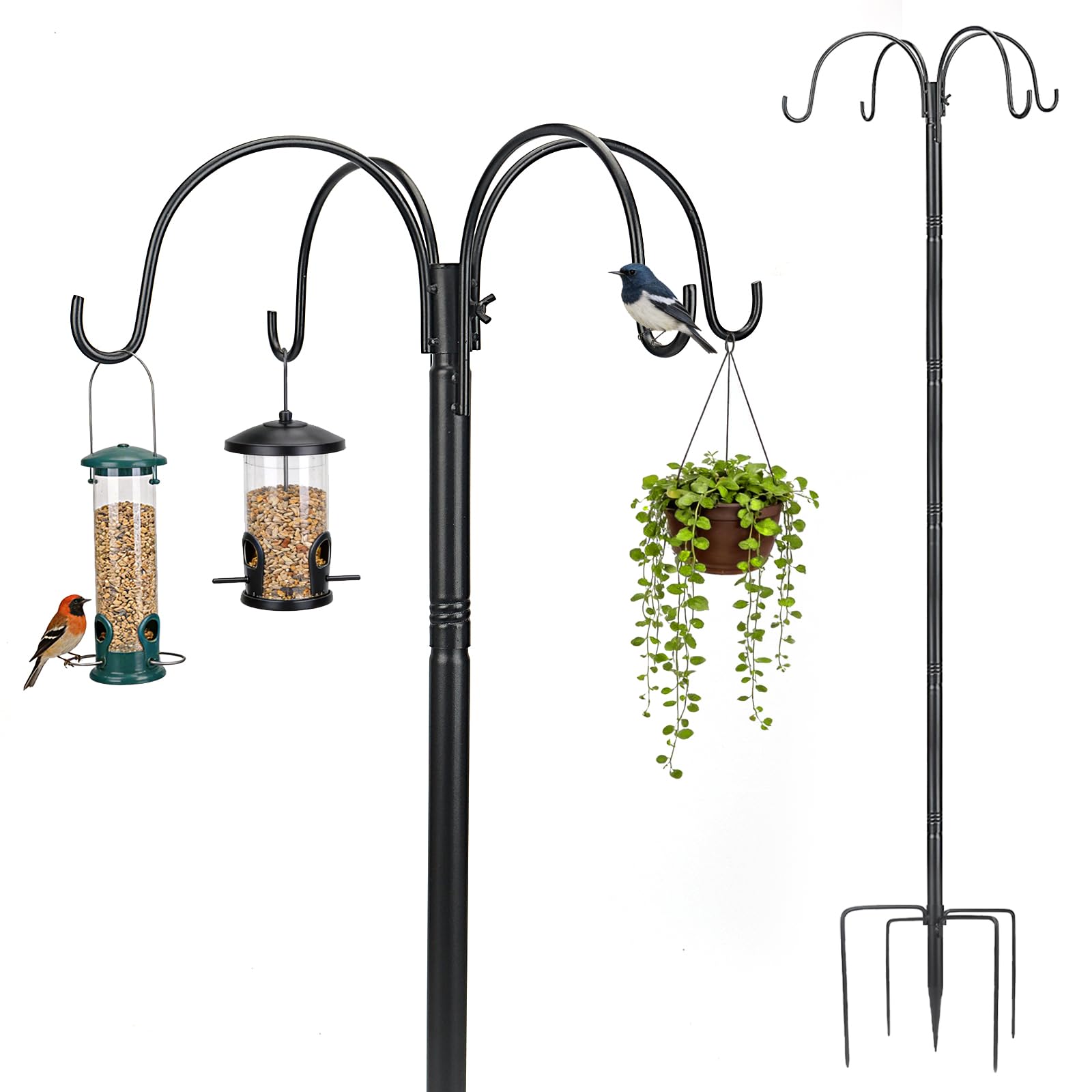 Bird Feeders Hanging Station, 214cm Extra Tall Heavy Duty Bird Feeding Stand with 4 Shepherd Hooks, Freestanding Feeder Pole with 5 Prong Base for Garden, Yard – Rat Proof & Weather Resistant