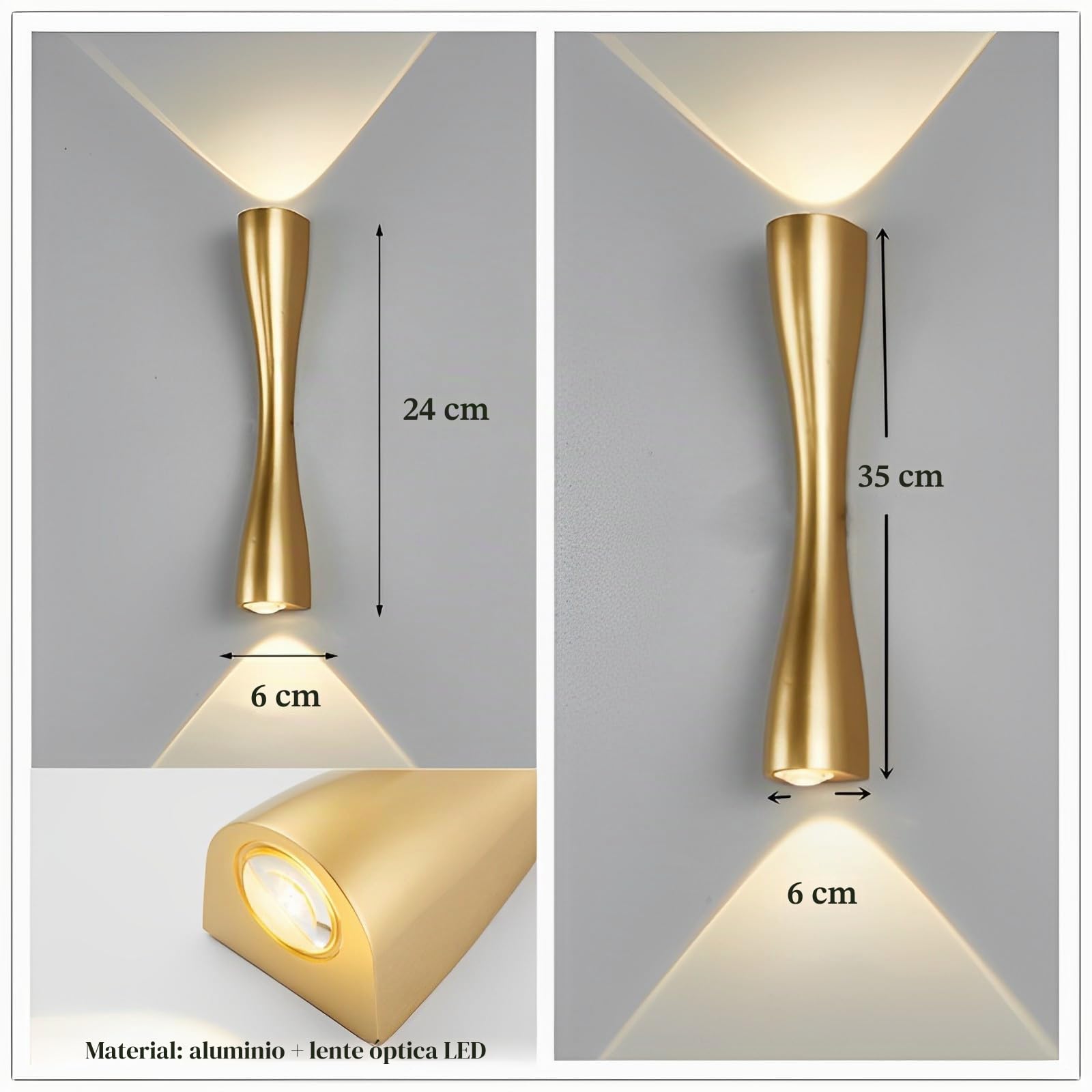 Aplique Up and Down Lámpara de Pared Oro Apliques para Interiores Lámpara LED de Pared Apliques de Pared para Sala de Estar,Pasillo,Cabecera,Dormitorio,Lámpara Proch (24CM,Luz Cálida)