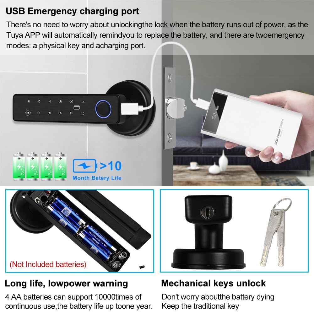 Smart Door 5-en-1 Serrure de Porte Poignée de Porte Électronique Clavier Mot de Passe WiFi TUYA Serrure Intelligente Empreinte Digitale Biométrique RFID IC Carte Tactile Porte d’Entrée
