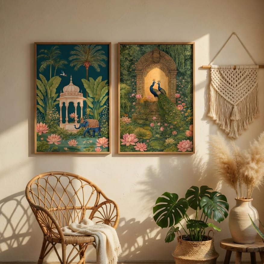 Image of Livin'luxe Royal Peacock Palace Garden Wall Painting Set of 2 with Wooden Frames | Vintage Mughal Garden Artwork HD Sparkle Laminated MDF Wall Decor | Traditional Indian Wall Art for Living Room