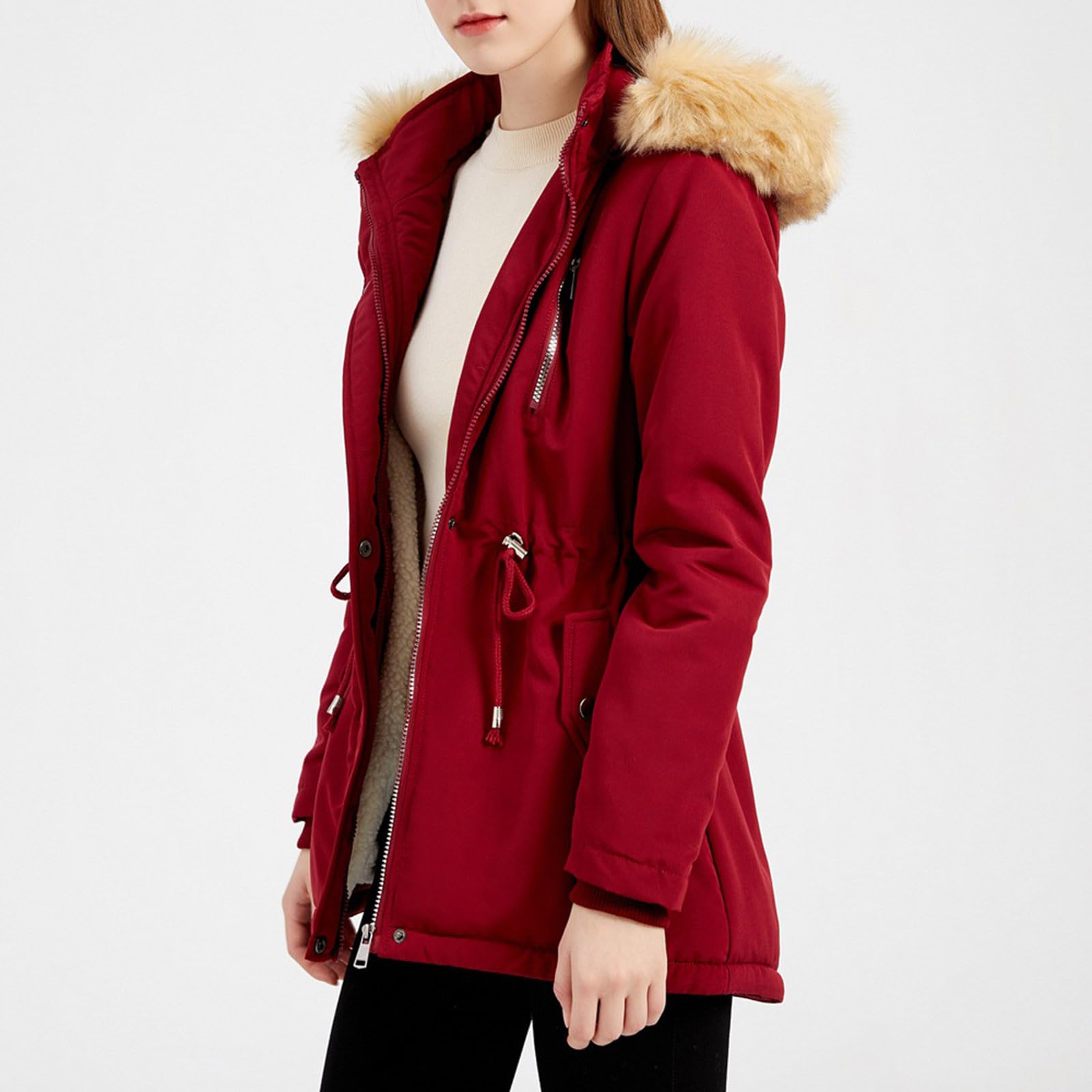 Generisch Wintermantel Damen Lang Winterjacke Elegant Parka Mantel Mit Kapuze Winterparka Mit Taschen Übergangsjacke Mit Knöpfen Windbreaker Gefüttert Teddyfell Dicker Fleecejacke Mit Reissverschluss