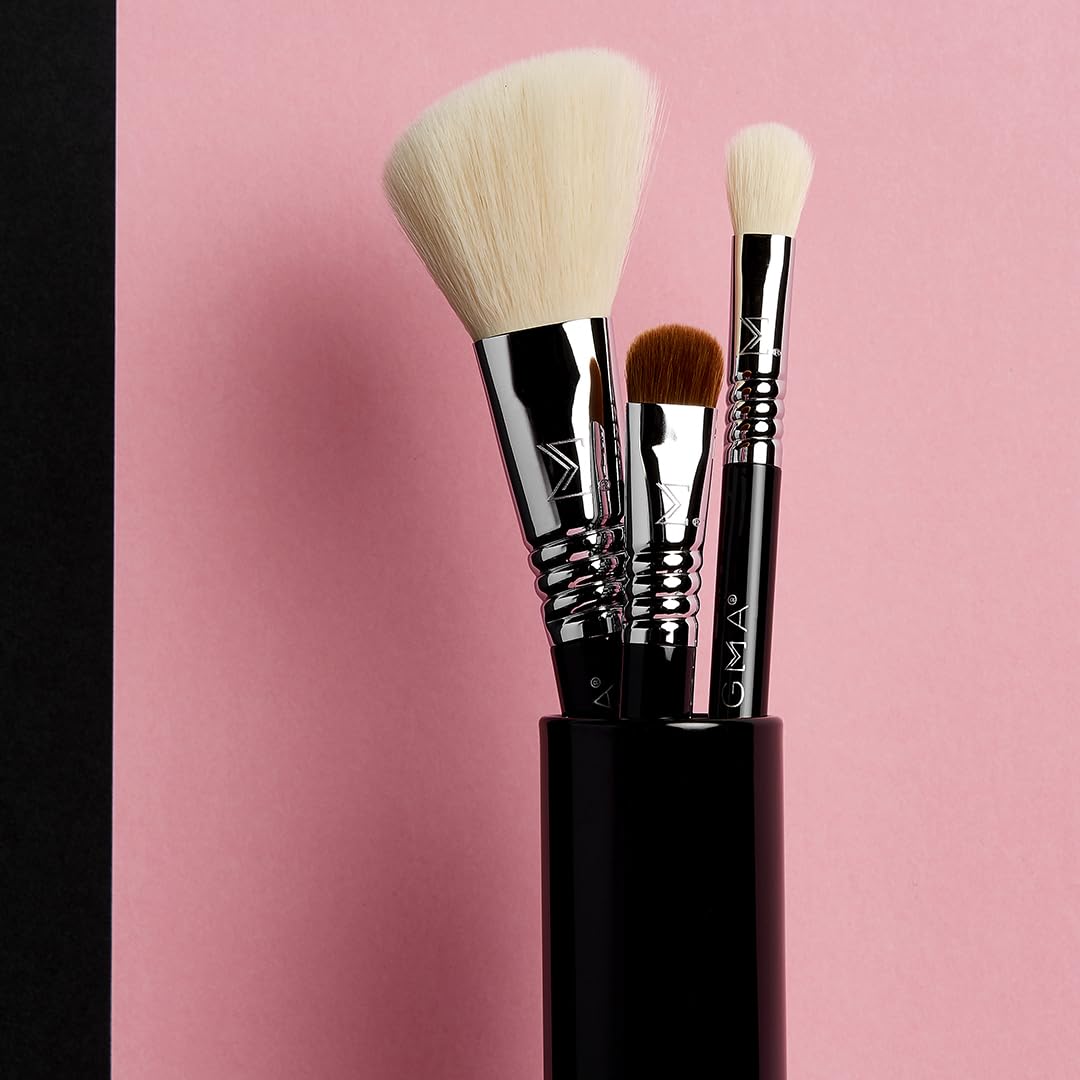 Sigma Beauty Travel Essential Trio - Makeup Brush Set for Foundation Powder Eyeshadow - 3 Tool Brushes with Brush Tin Holder - Skin Safe, Vegan Makeup Brushes for Travel - Black