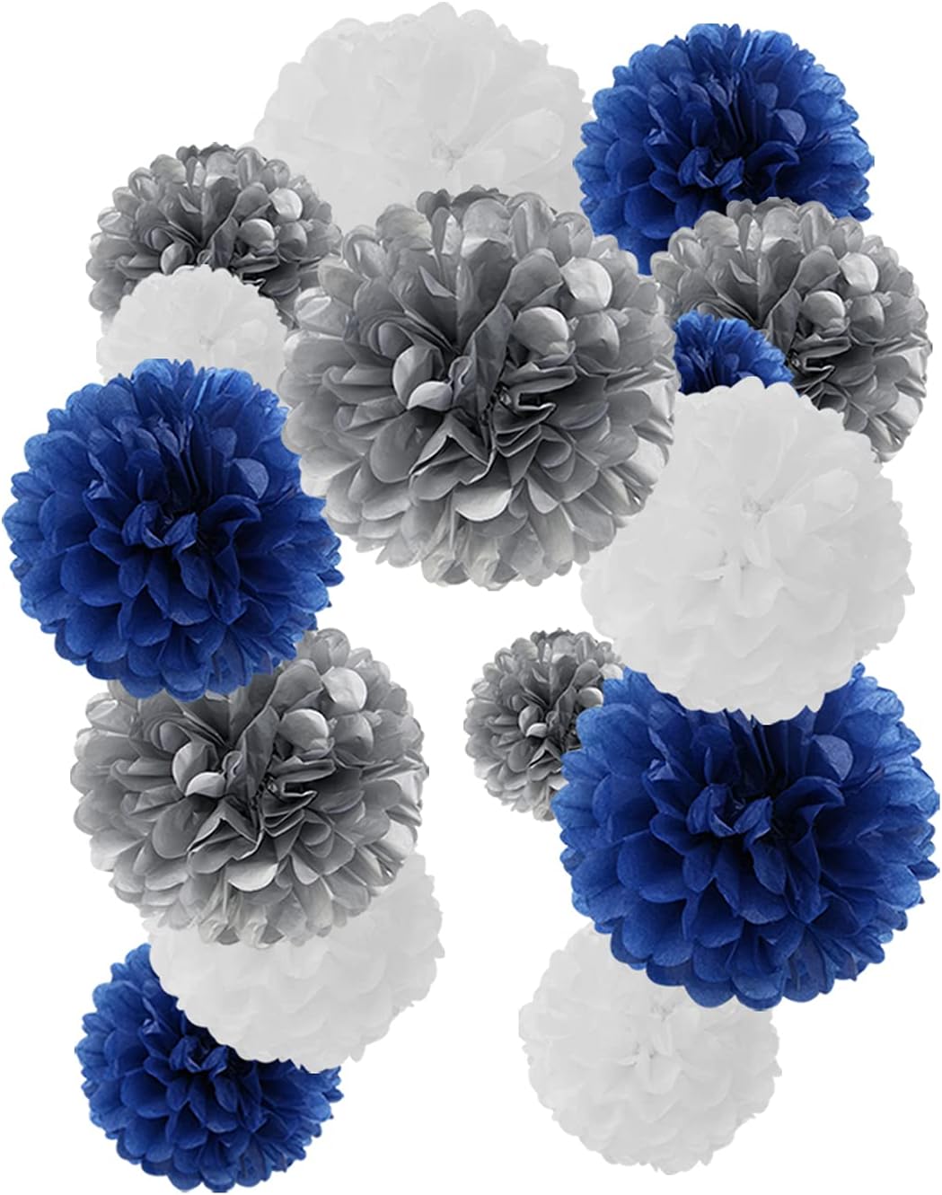 Navy-Blue White Silver Tissue Pom-Poms - 15pcs 5 Size Party Decorations Paper Flowers,Graduation Wedding Baby Bridal Shower Room Hanging Decorations Boy Birthday Party Backdrop Decor Panduola