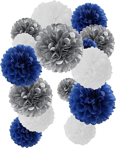 Miniatura 5 de Decoraciones de fiesta de pompones de papel de seda  15 piezas de 5 tamaños azul marino blanco plateado flores de papel plateadas, decoración de