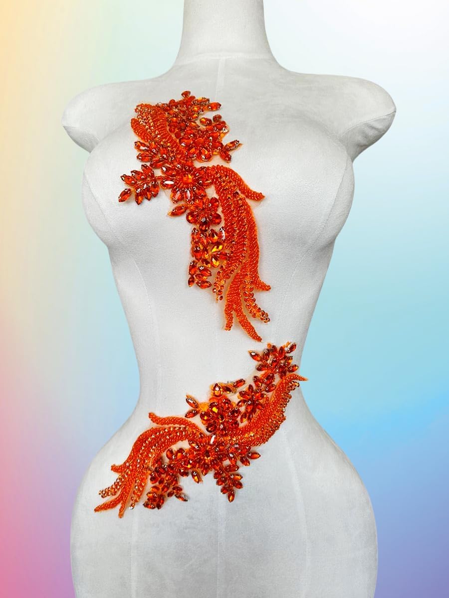 Handmade Rhinestones lace Trim Patches Handsewing Beads Bodice Applique for Dress DIY Accessories 1pair/Set (Orange)