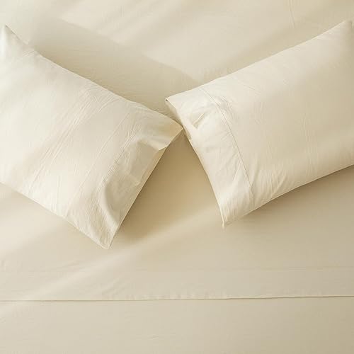 Miniatura 6 de JIYUAN Juego de sábanas de 100% algodón lavado, 4 piezas, 1 sábana bajera, 1 sábana encimera y 2 fundas de almohada, cómodo y transpirable, similar