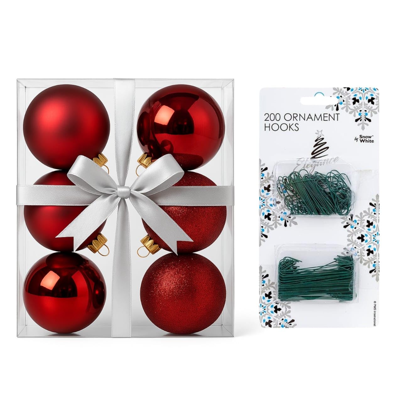 Homesecret 6Cm - 6 Pcs Red 6Cm/3Cm 6 Pcs With 200 Bauble Hooks Christmas Tree Baubles Multiple Variation In Red | Shatterproof Glitter Christmas Baubles | Elegant Hanging Ornament Balls For Xmas Tree & Festive Holiday Décor.