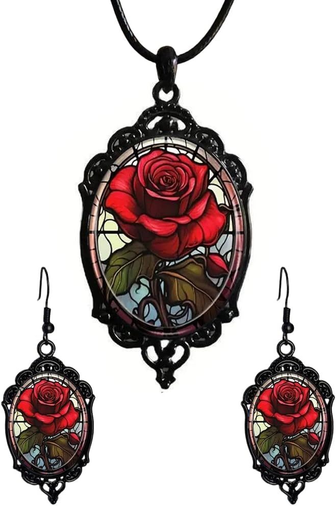 Gothic Crow Cat Rose Witch Bat Earrings Necklace Set Gothic Crystal Glass Cameo Earrings Necklace Goth Victorian Necklace Earring Vintage Satan Devil Halloween Jewelry for Women