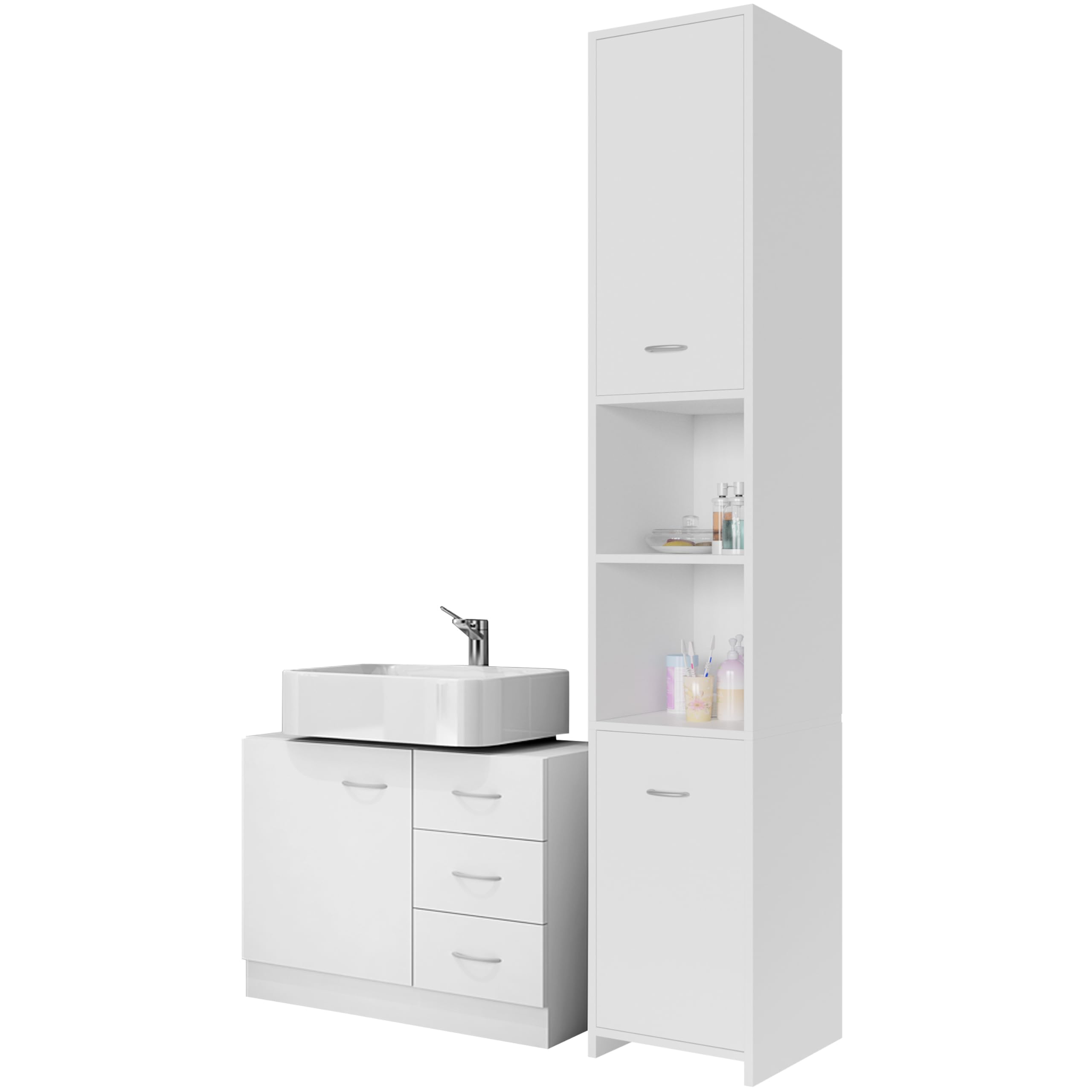 Casaria Set Mobili da Bagno Bianco mobile Alto Mobile Sottolavabo Arredamento in Legno Armadietti