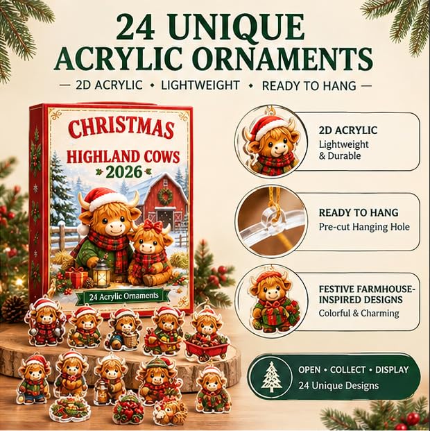 Highland Cow Christmas Advent Calendar 2026 24 Acrylic Ornaments, Red - image 4