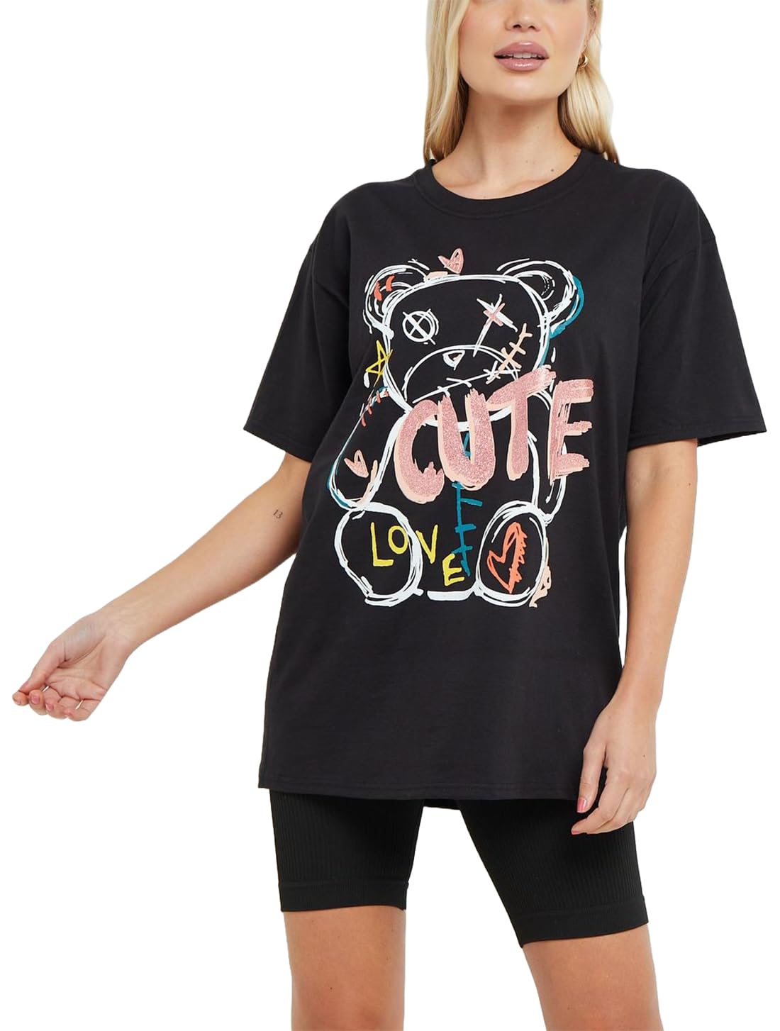 Asfashion Online Women's Black Short Sleeve Cute Bear Printed T Shirt Crew Neck Oversized Summer Tops ( Uk 8-10)