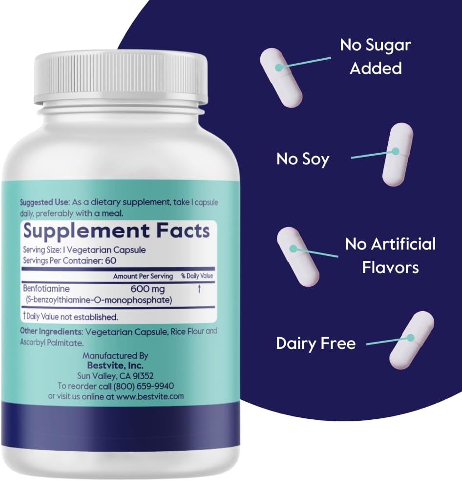 BESTVITE Ultra Benfotiamine 600mg per Capsule (60 Vegetarian Capsules) No Stearates - No Silicon Dioxide - Vegan - Non GMO - Gluten Free - Maximum Strength Benfotiamine