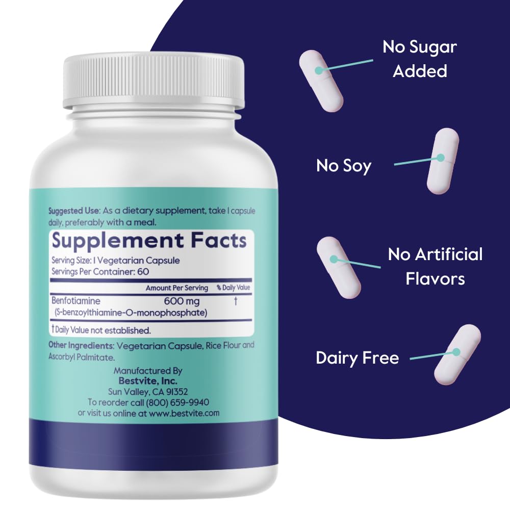 BESTVITE Ultra Benfotiamine 600mg per Capsule (60 Veg Caps) - No Stearates — Amazon image 3