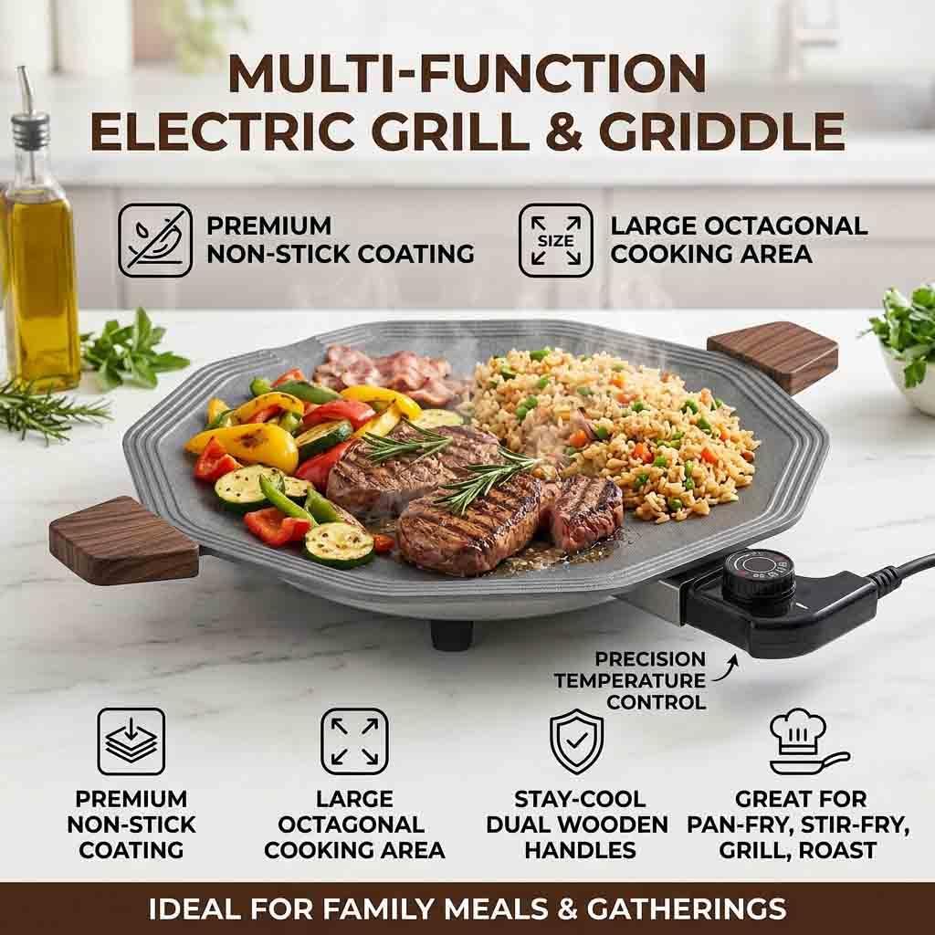 Premium Large Octagonal Non-Stick Electric Grill & Griddle – Multi-Function Cooking Surface with Precision Temperature Control