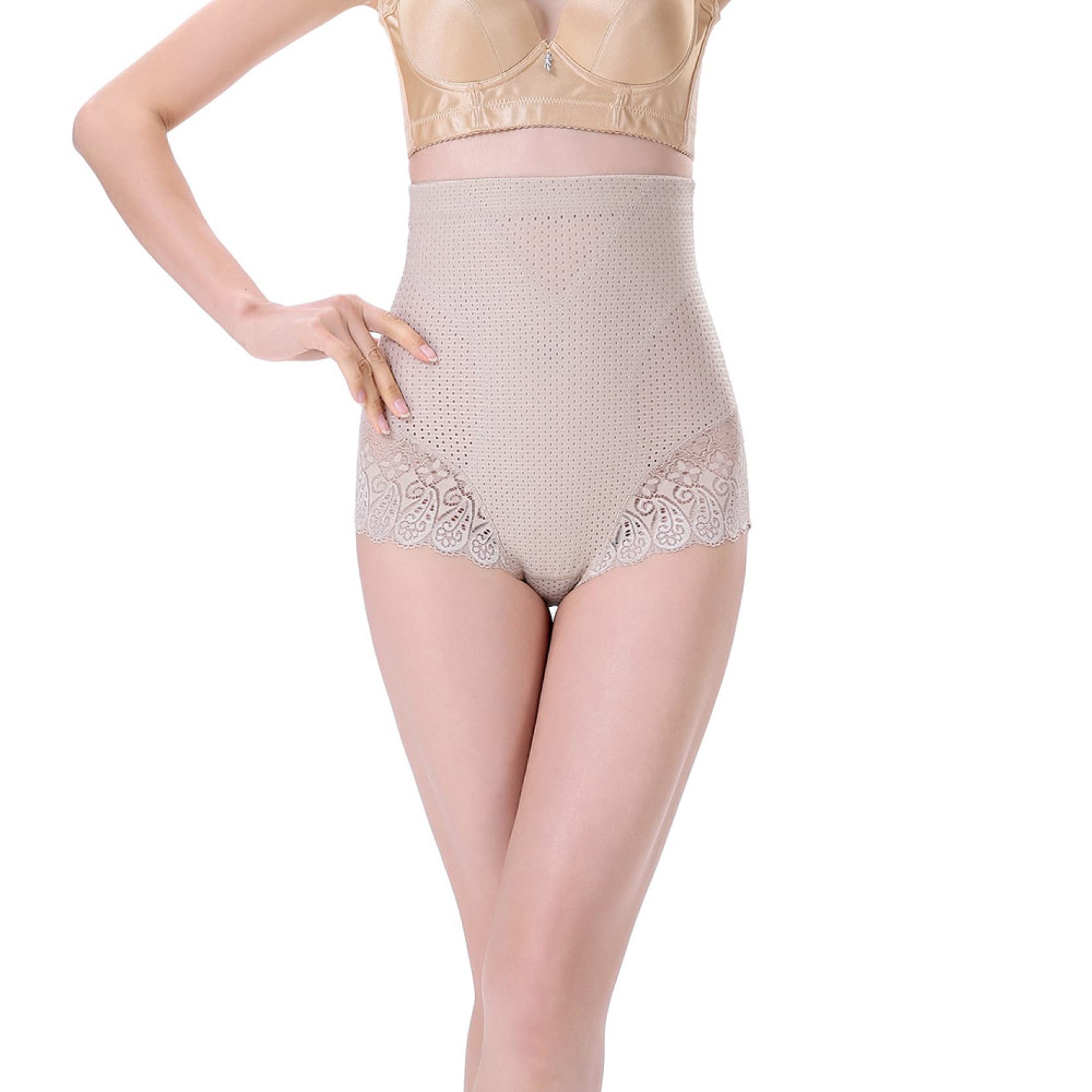 Guaina Modellante a Vita Alta per Donna, Modellante per Il Corpo, Pantaloni Post-Parto, Slip Cincher, Design in Pizzo per Signora (Beige L)