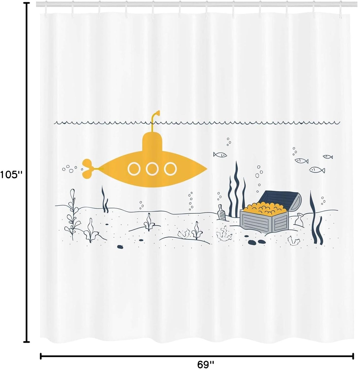 Ambesonne Yellow Submarine Shower Curtain, Submarine Fish and a Treasure Chest on The Sea Bottom Print, Cloth Fabric Bathroom Decor Set with Hooks, 105" Extra Wide, White and Earth Yellow