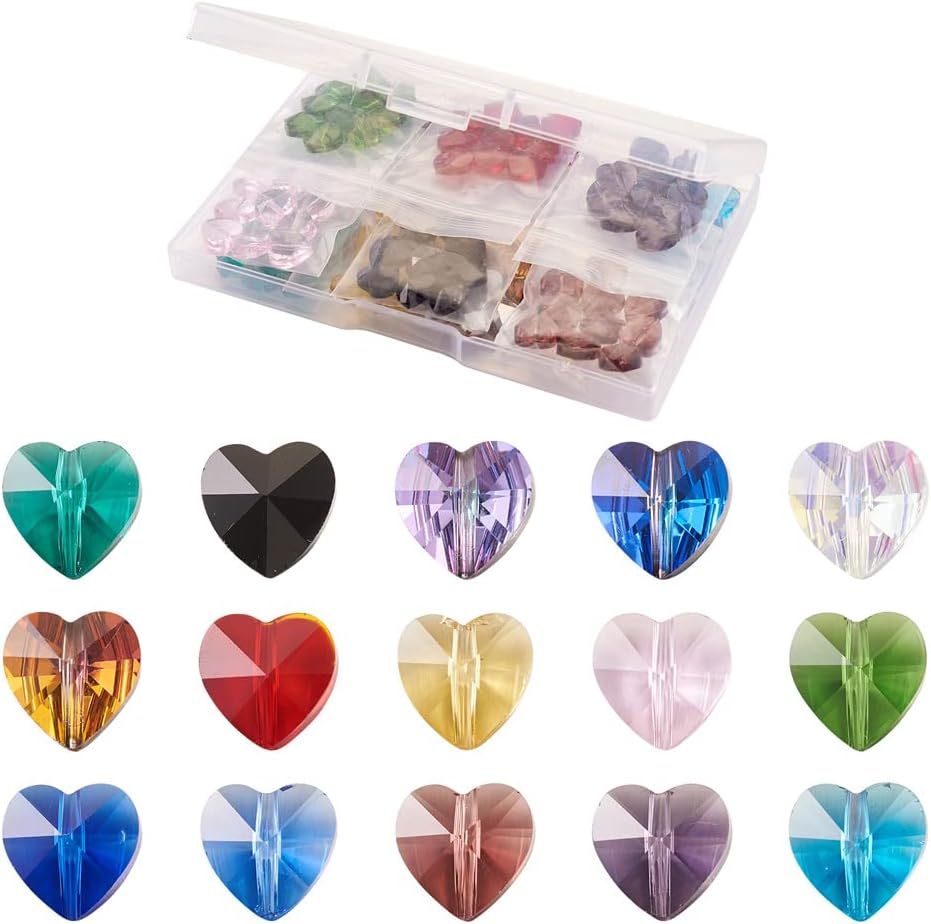 Cheriswelry 150pcs Faceted Heart Transparent Glass Beads 10mm Loose Spacer Love Heart Beads 15 Color Crystal Handmade Crafting Beads for DIY Earring Bracelet Necklace Jewelry Making