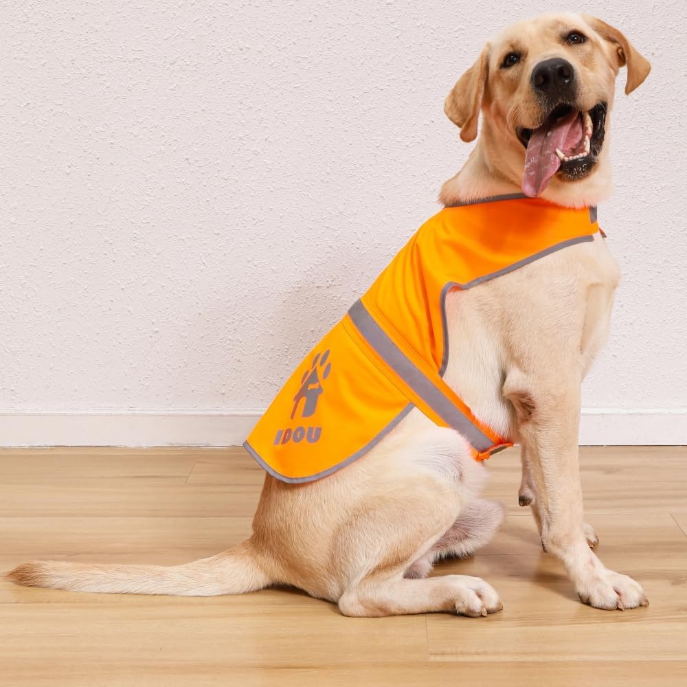 IDOU Orange Reflective Dog Safety Vest - High Visibility for Walking, Jogging & Training - Size S