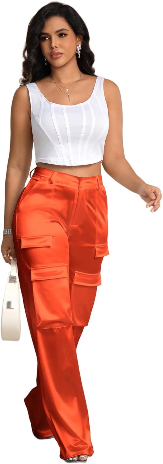 Metallic Satin Cargo Pants for Women High Waisted Wide Leg Pants with Pockets, Dressy Going Out Concert Outfits