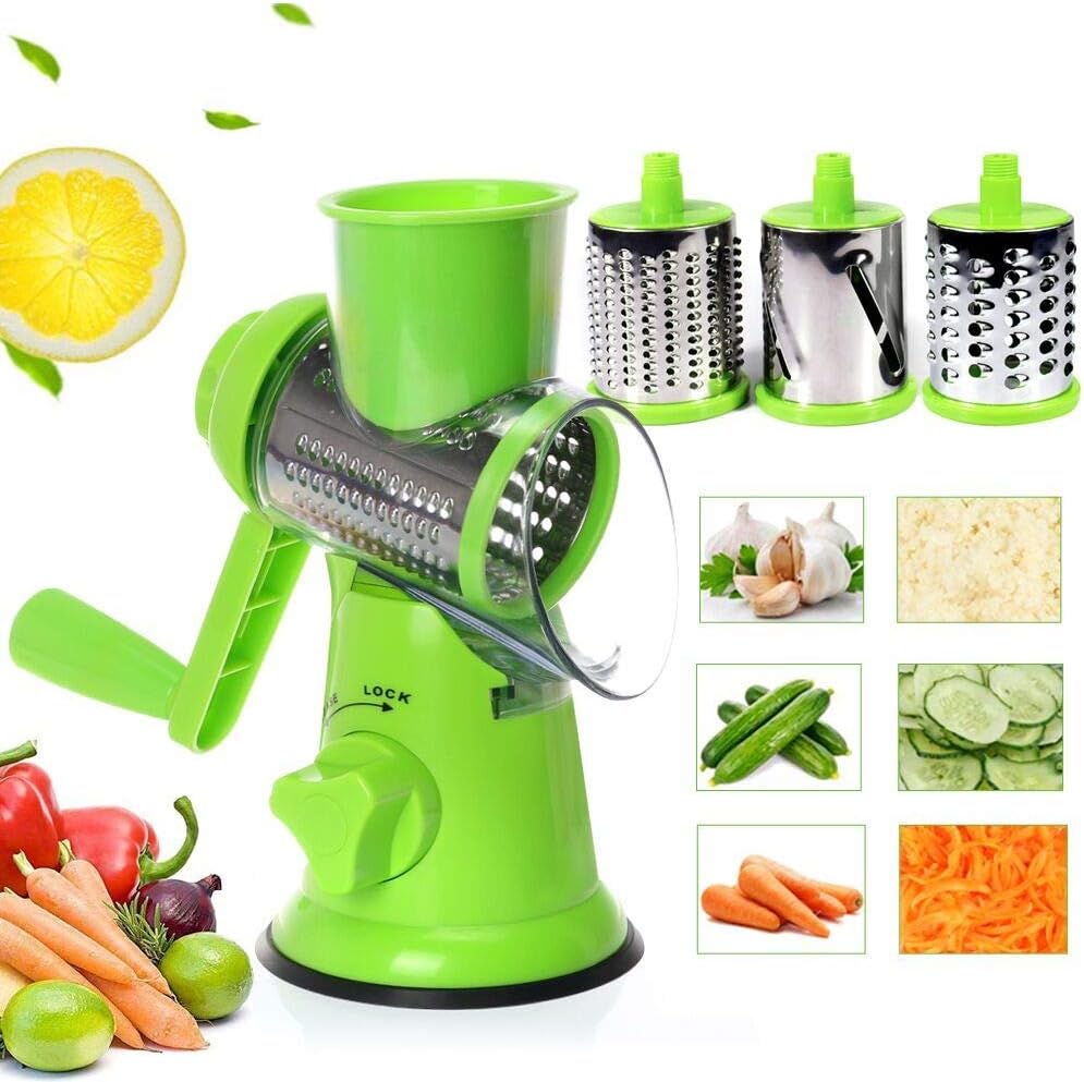 3-Blades Manual Vegetable Mandoline Slicer, Multifunctional Vegetable Fruit Cutter, Cheese Shredder, Rotary Drum Grater Slicer, Round Vegetable Chopper Grinder, Julienne Mandoline Slicer