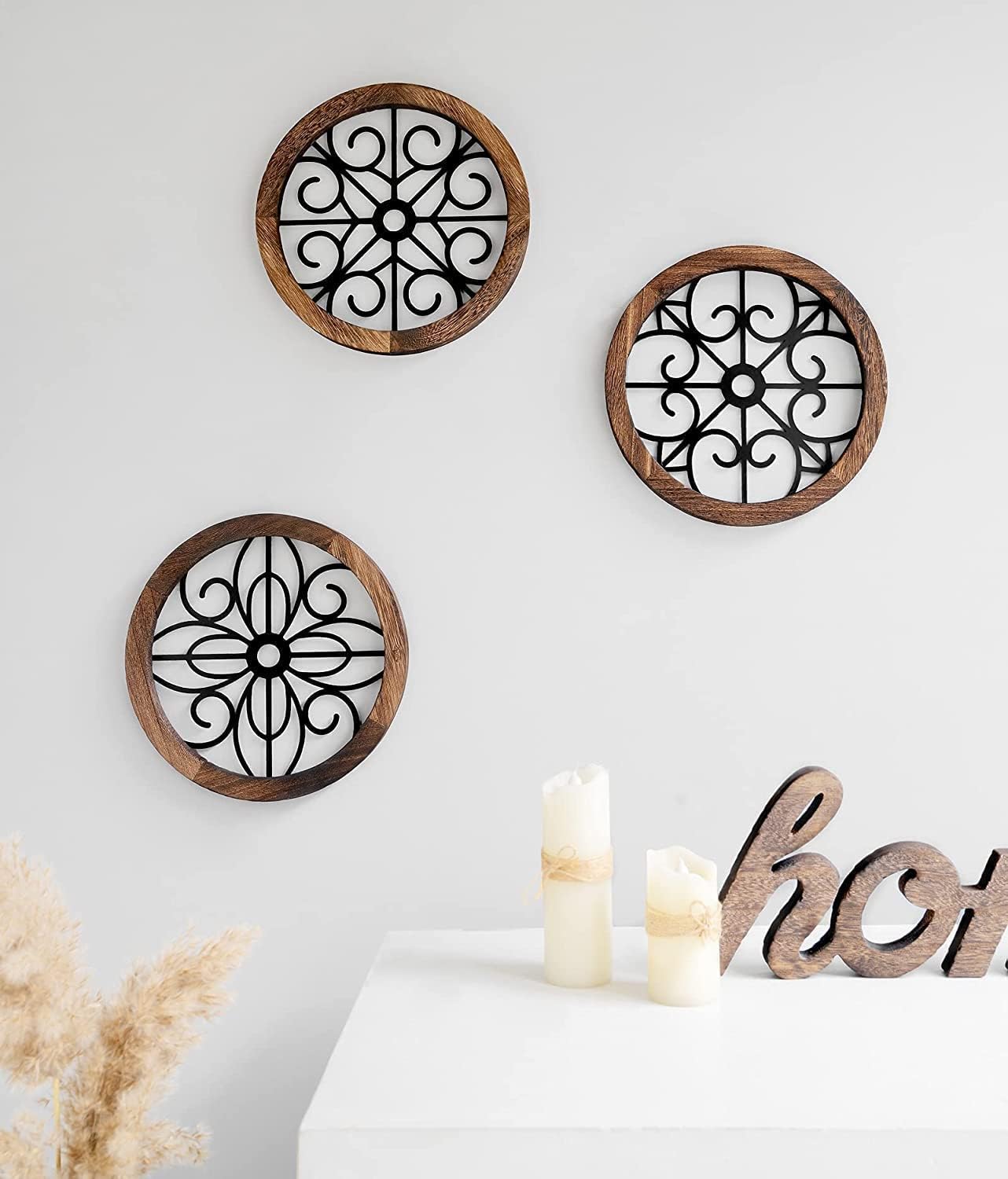 Mkono Thickened Rustic Wall Decor 3 Pack Round Wall Art Geometric Scrolled Metal with Wooden Frame Farmhouse Hanging Decoration for Living Room, Hallway, Bedroom, Home, Dorm, Small Size 9.7” x 9.7"