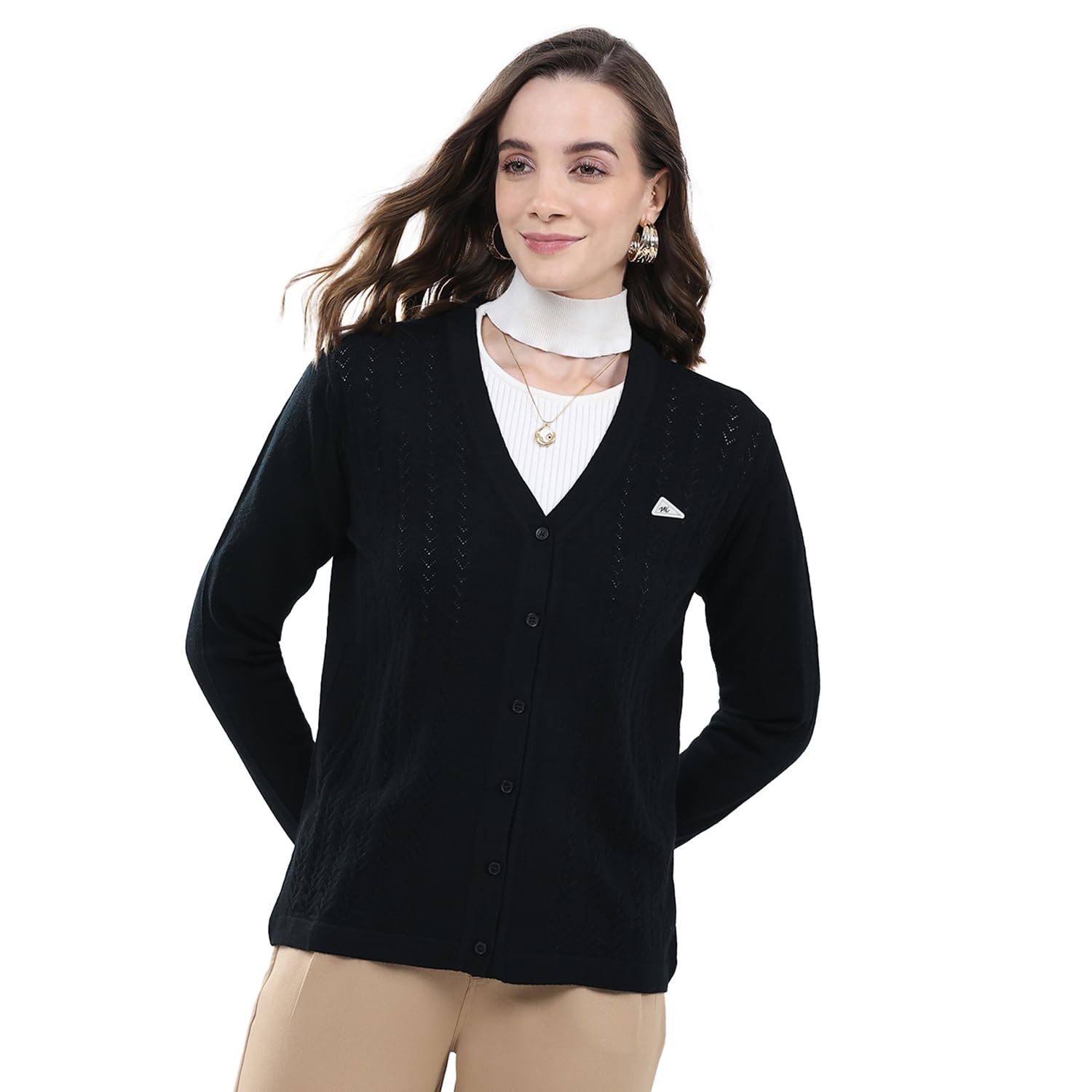 Women V Neck Self Design Cardigan | Regular Fit Full Sleeve Knitwear | Elegant Winter Sweater for Office & Casual Outfits (Pack of_1)