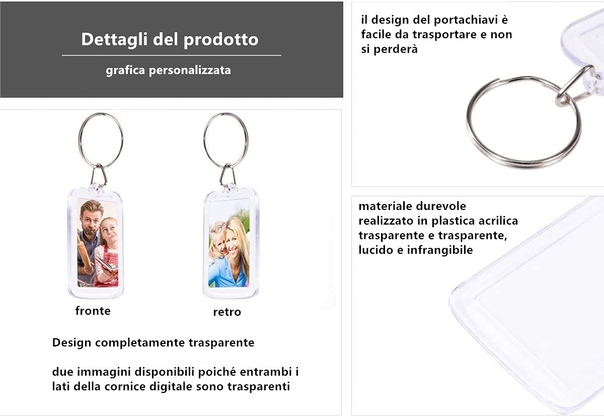 Voarge 10 llaveros acrílicos transparentes para fotos, portarretratos rectangulares 5x3,3 cm, manualidad regalo