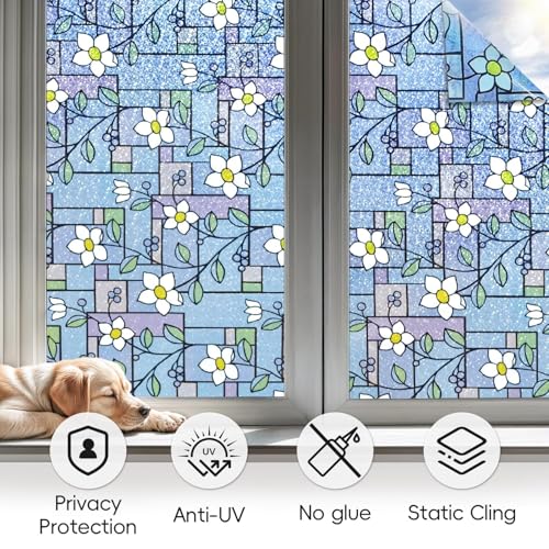 Image of WOO Home Frosted Glass Window Film & Stickers (24 X 96 INCH) Privacy Window Cover for Home & Office - Easy Apply, UV Protection, Removable Decorative Film (Blue Leaves Design Film | 2 X 8 SQFT)
