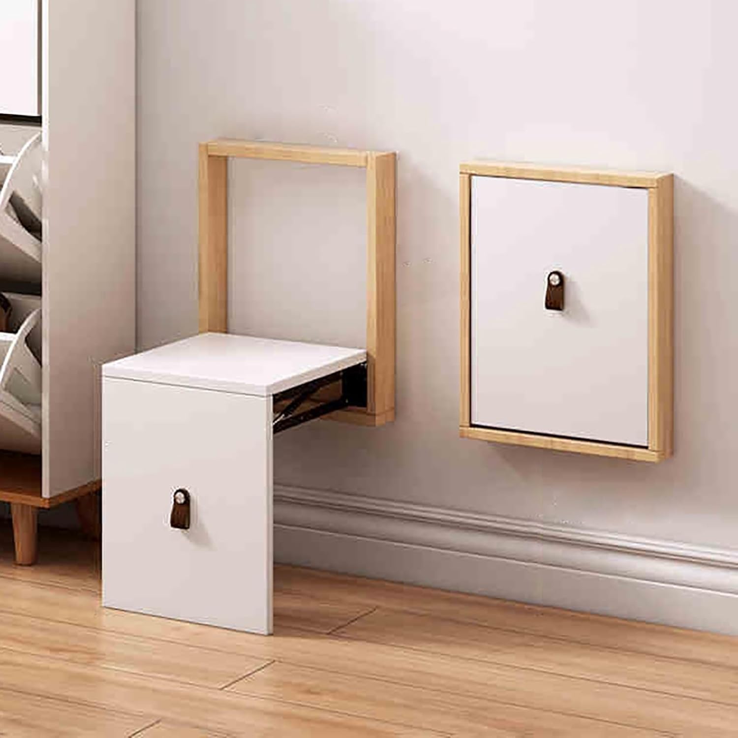 Wall-Mounted Folding Shoe Stool – Solid Wood Space-Saving Invisible Bench with Hidden Design, Wall Seat for Entryway Bathroom(H)
