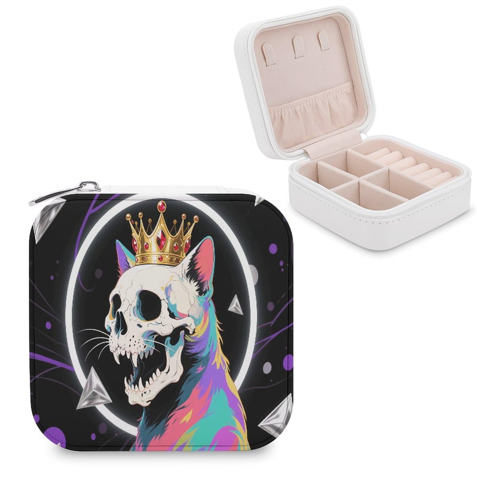 VstaDank Cat Skulls Jewelry Box for Women Jewelry Organizer Storage Case with Zipper Mini Travel Jewelry Case Cute Trinket Organizer Leather Portable Jewelry Storage Box