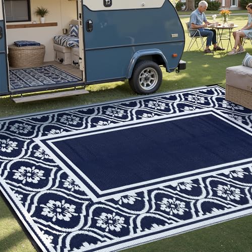 Image of PureCozy Outdoor Rug 180x270cm,Large Reversible Waterproof Garden Rug,Washable Patio Carpet,UV Resistant,Plastic Straw Modern Outdoor Mat for Picnic,Backyard,Navy & White