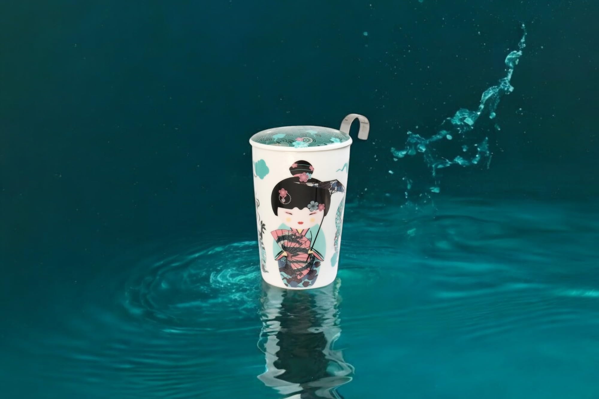 Eigenart Teaeve 80065 Sweet Little Geisha Water Tasse à double paroi en porcelaine avec couvercle et passoire en acier inoxydable sans BPA 350 ml