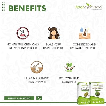 Attar Ayurveda Natural Hair Dye Combo - Black Henna and Indigo Powders (400 Grams Total) - 14 Ounce Pack