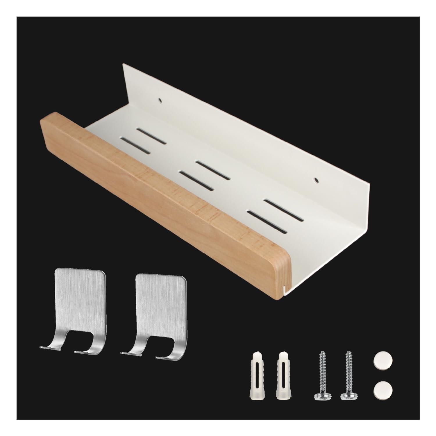HQTS Estante de baño 30×9cm blanco Estante de baño de pared con 2 ganchos Estante de aleación de aluminio equipado con tornillos