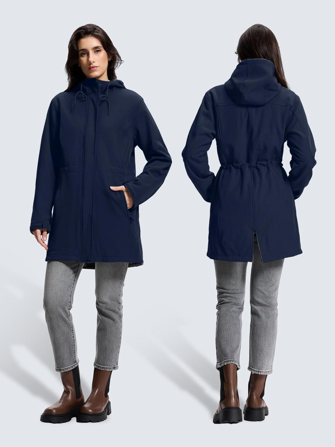 SaphiRose Women's Waterproof Rain Jacket with Fleece Lining Hooded Windbreaker Long Warm Outdoor Softshell Coat