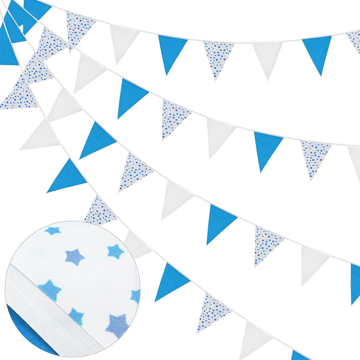 DOJoykey Fabric Bunting Banner, 66ft Bunting with 52pcs Flags Blue White Bunting Star Design Bunting Waterproof Reusable Bunting for Mother‘s Day Outdoor Garden Birthday Weeding Party Decoration