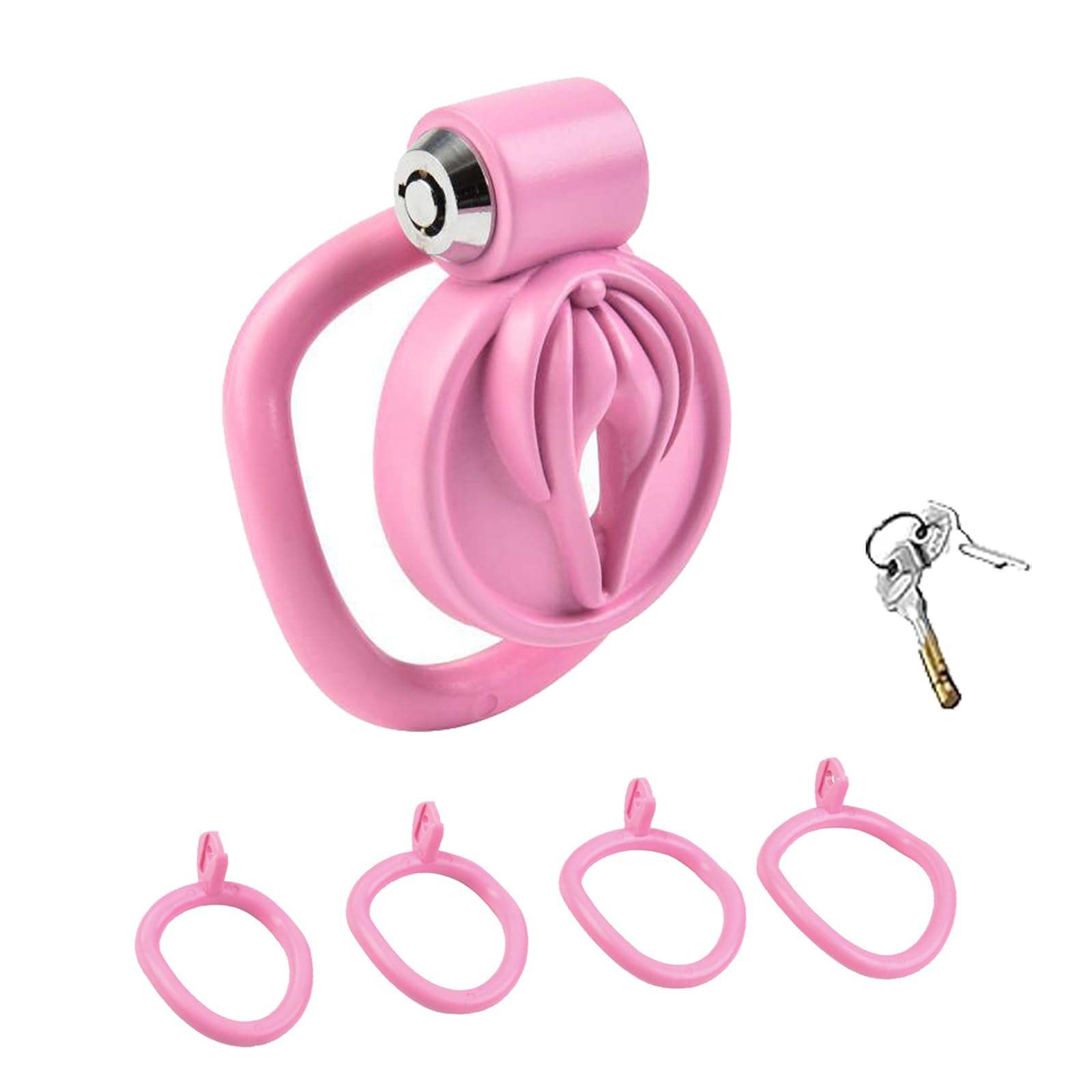TangQian Chastity Cage Pink Fake Women Vagina Penis Cage with 4 Cock Rings Penis Cage Chastity Cage Slave Chastity Belt Bondage Chastity Cage SM Sex Toys for Men
