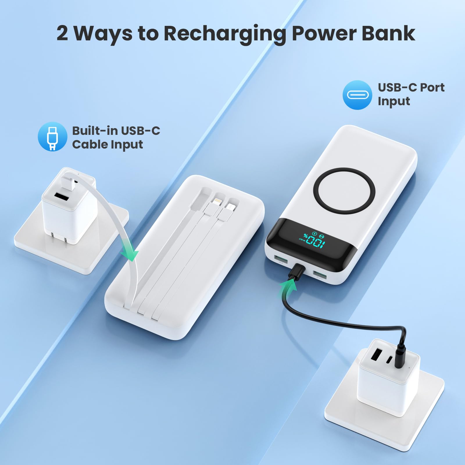 Ekrist Power Bank Wireless 26800mAh con 3 Cavi, 7 in 1 Caricatore Portatile Wireless Ricarica Rapida 25W PD3.0+QC4.0, Display LCD Batterie Esterna 6 Uscite Compatibile con iPhone Huawei Samsung ecc.