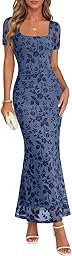 MEROKEETY Women Summer Floral Bodycon Maxi Dress 2026 Spring Wedding Guest Square Neck Short Sleeve Mesh Cocktail Party Dress