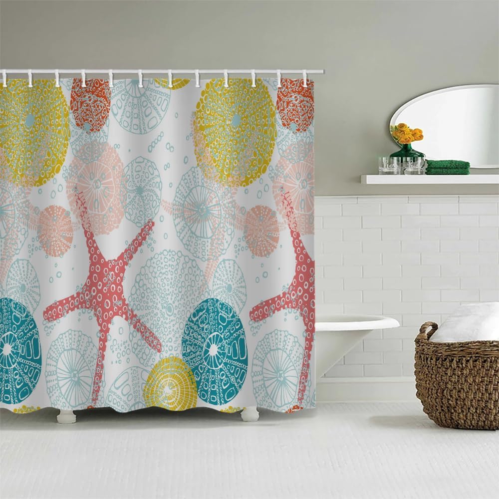 Cartoon Starfish Shower Curtain Set 72" W x 72" L Fossil Pattern Bath Curtain Bathroom Fabric Polyester Waterproof Modern Shower Curtains with Hooks（Colorful）