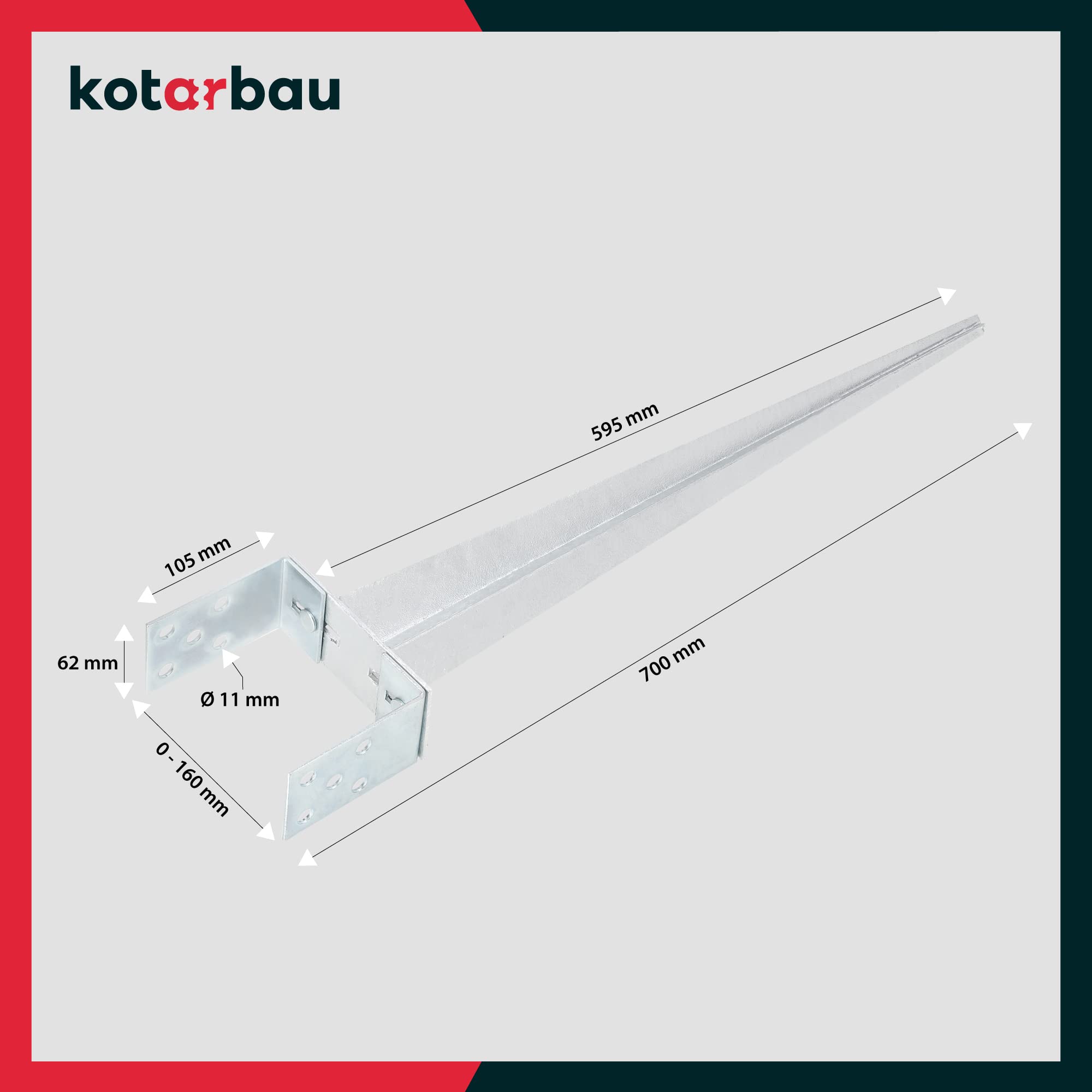 KOTARBAU® 8er Set Pfostenträger - Verstellbarer Pfostenfuß – 0–160 mm – Balkenschuh U – 70 cm – Holzpfostenhalterung – Bodenanker - Einschlaghülse Pfostenträger - verzinkter Stahl