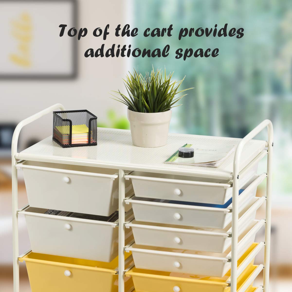 GIANTEX 15 Tiroirs Chariot de Rangement,Tour de Rangement Bureau sur Roulettes, Multifonctionnel Desserte à Roulettes Verrouillables avec Cadre Métal, pour Salon,Chambre 63x37x87CM (Jaune)
