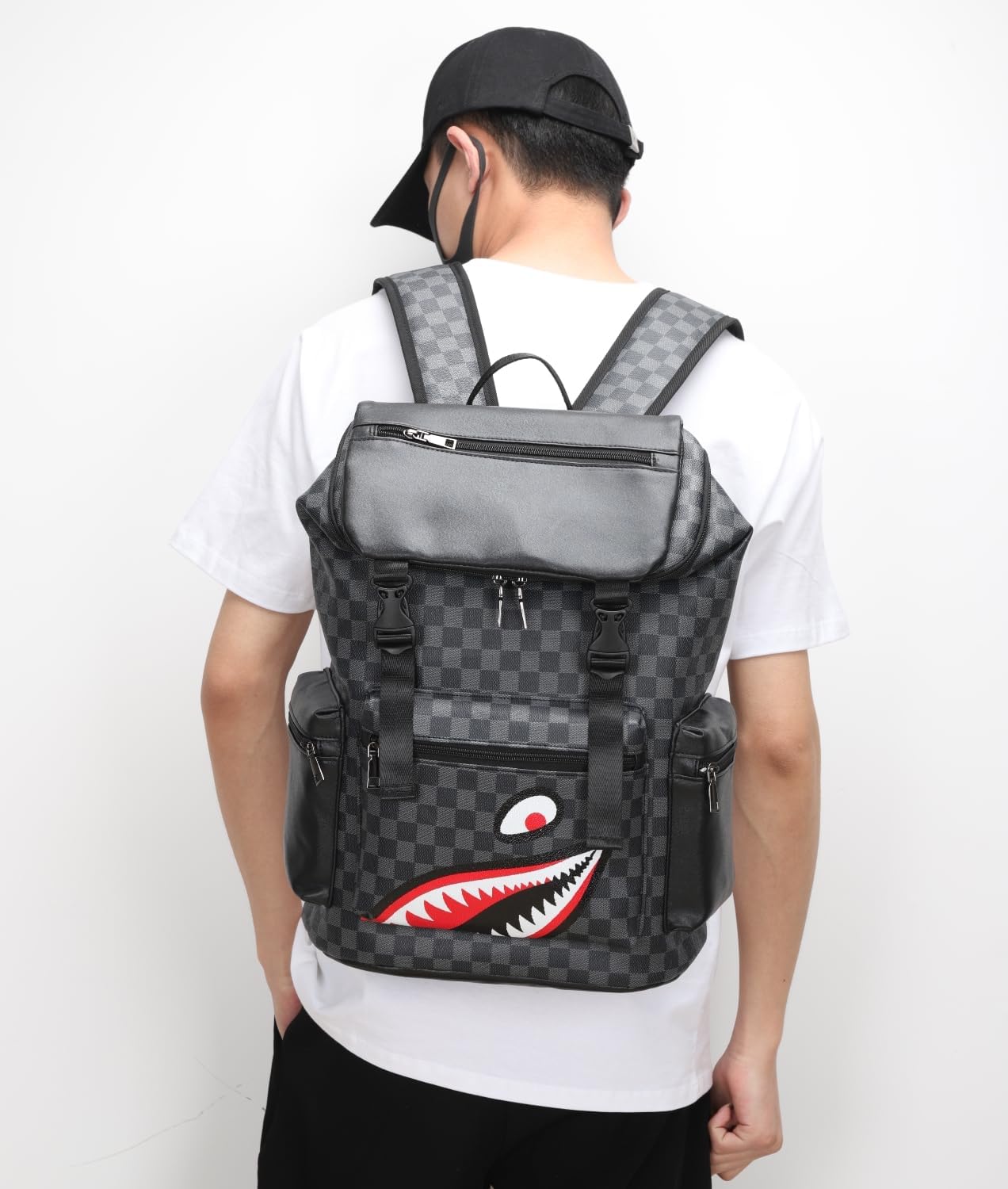 Leather laptop backpack, PU leather backpack Men Women, casual backpack, water-resistant, for daily commuting, work travel (Black-L)