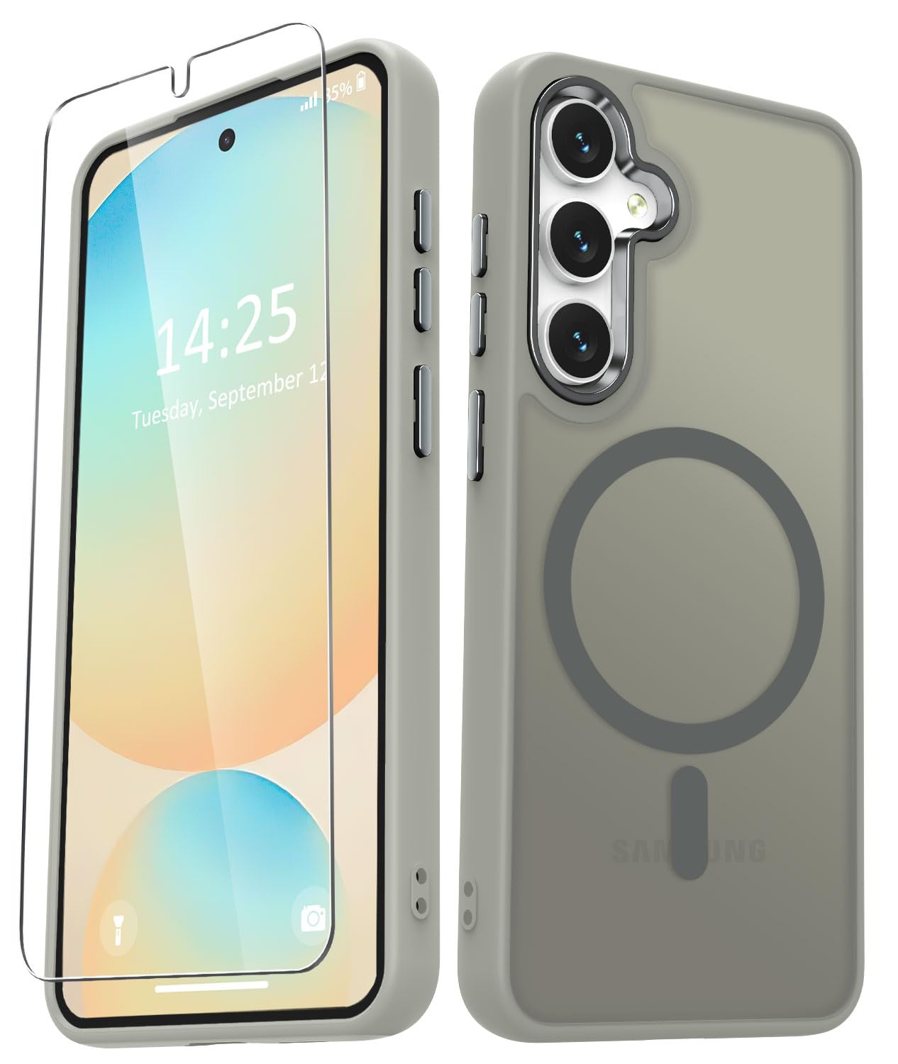 YENAPOON for Samsung Galaxy S24 FE Case, Matte Magnetic Case, Titanium Gray | Fit for Magsafe, Screen Protector Included, Translucent Frosted Slim Shockproof Protective Phone Cover