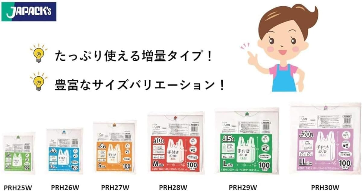 Japacks PRH30W Poly Bag with Hands, Milky White, Approx. 5.3 gal (20 L), Height 23.6 x Width 13.0 inches (60 x 33 cm) + Gusset 6.7 inches (17 x 0.02 mm), Easy to Open, Embossed, Increased Type, Trash Bags, Set of 100