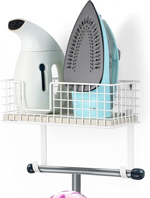 OYEAL Ironing Board Hanger Wall Mount Iron Holder with Storage Shelf Laundry Room Iron and Ironing Board Organizer with Large Storage Basket and Removable Hooks, White