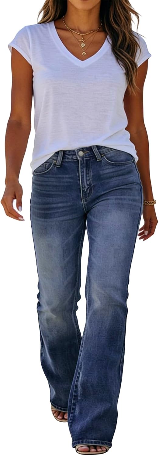 Cuyulitcik Women's Bell Bottom Flare Jeans High Waisted Wide Leg Bootcut Jeans Stretchy Denim Pants Blue