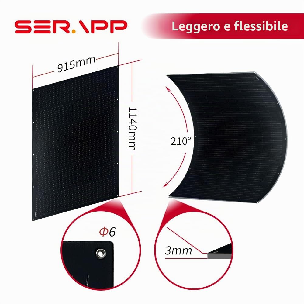 SAT-220-F8MP 400 W Set di Pannelli Solari Flessibili, 2 x 220 W | Moduli monocristallini da 16,5 V, nero opaco, 2,8 kg per pannello, protezione IP68, accessori di montaggio e cavo CC inclusi