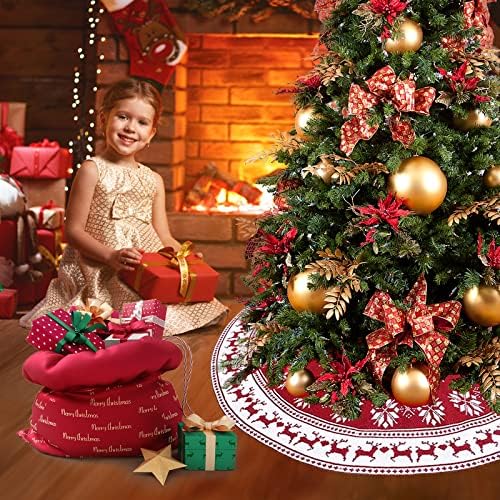 Red Christmas Tree Skirt Knitted Snowflak Elk Patterns Xmas Tree Skirt 35" Christmas Tree Skirt Mats Indoor Decorations For For Xmas Home Party Holiday Decorations (90 cm/35 in)
